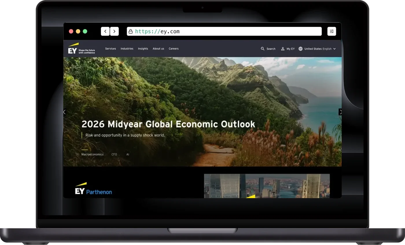 Ernst & Young landing page on a MacBook