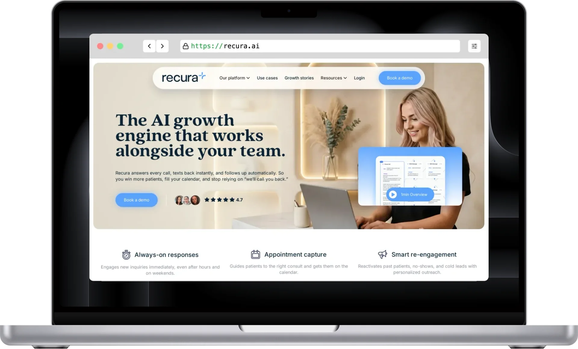 RecuraAI landing page on a MacBook