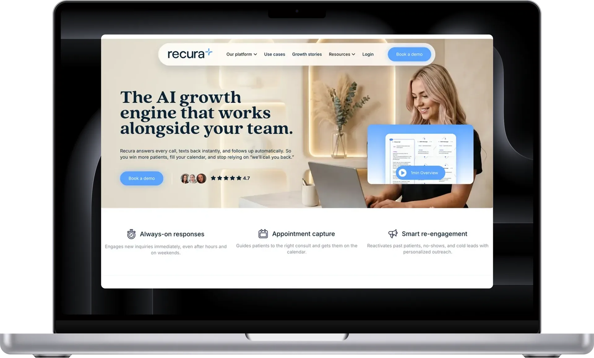 RecuraAI landing page on a MacBook